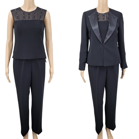 Jessica Howard Pants - Jessica Howard Black Satin Trim Blazer Pantsuit 3 Piece Blousr Pants Jacket